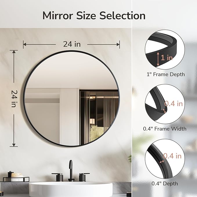 USHOWER 2- Pack Bathroom Mirrors for Over Sink, 24 Inch Circle Mirror with Metal Frame, Black Wall Mirror Modern Decoration for Vanity, Entryway, Living Room, Hallway and Bedroom