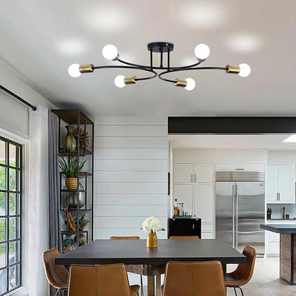 FRIXCHUR Modern Semi Flush Mount Ceiling Light Fixture 6-Lights Sputnik Chandelier Light Black and Gold Close to Ceiling Light Fixture for Living Room Bedroom Kitchen