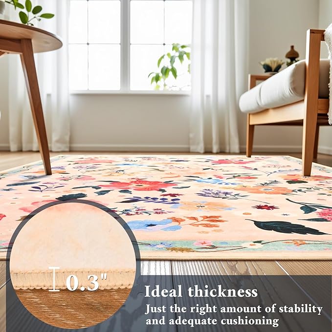 Macgace 3x5 Floral Rug for Girls Bedroom, Machine Washable Area Rugs with Non Slip Backingfor Living Room, Cute Flowers Carpet Kitchen Dining Room Kids Playroom Decor, Peach White
