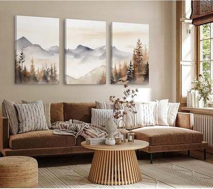 Neutral Mountain Wall Art Decor Set of 3 Forest Canvas Wall Art Poster Landscape Wall Art Artwork Modern Pictures Abstract Painting Watercolor Prints for Living Room Bedroom 16x24 Inch Wrapped Canvas