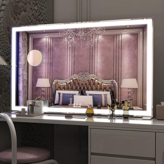 ANYHI Extra Large Vanity Mirror with LED Light, 40"x24.3" Big Size Lighted Vanity Mirror with 10X Magnifying, Tabletop/Wall Mounted, 3 Color Modes, Silver