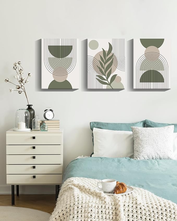 Drsoum 12x16in Boho Wall Art Green Sage Decor Framed Wood Modern Bohemian Abstract Geometry Canvas Prints Ready to Hang