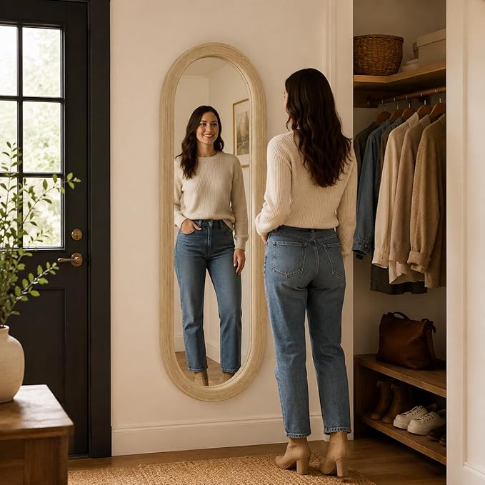 20" x 52" Oval Full Length Wall Mounted Mirror, Handwoven Natural Bamboo Frame (Warm Tone), Boho Coastal Mirror for Entryway, Bedroom, Dressing Room, Vertical & Horizontal Hanging