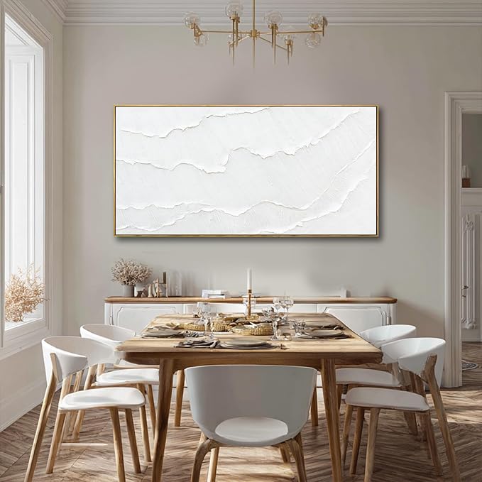 Contemporary White Abstract Hand-drawn Wall Art with Framed Large Canvas Ocean waves Painting for Living Room Bedroom Above Couch Decor 29"x58"