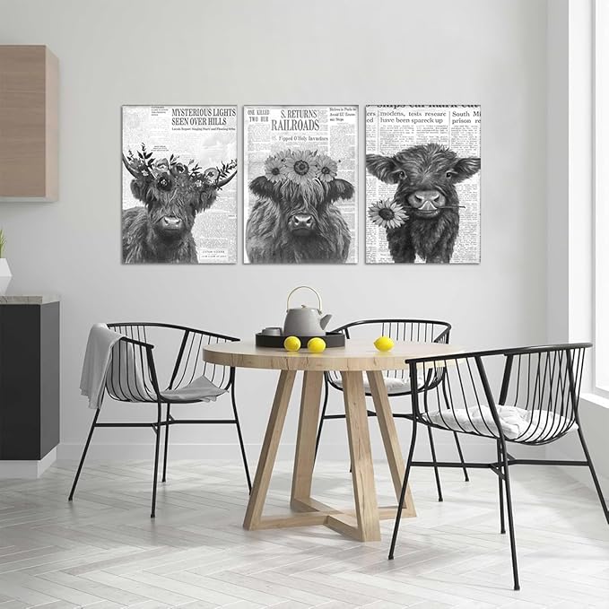 Newspaper Cow Canvas Wall Art Black and White Retro Highland Cow Picture for Bathroom Wall Decor Funny Floral Animal Print Artwork for Country House Living Room Bedroom Decoration 20x28inchx3pcs