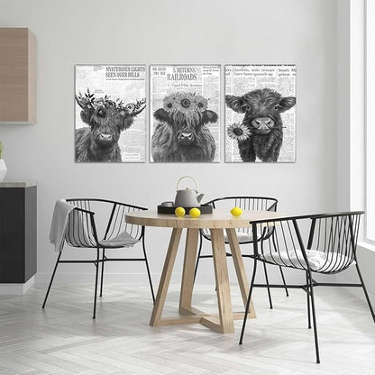 Newspaper Cow Canvas Wall Art Black and White Retro Highland Cow Picture for Bathroom Wall Decor Funny Floral Animal Print Artwork for Country House Living Room Bedroom Decoration 20x28inchx3pcs