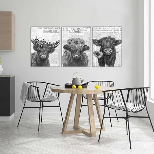 Newspaper Cow Canvas Wall Art Black and White Retro Highland Cow Picture for Bathroom Wall Decor Funny Floral Animal Print Artwork for Country House Living Room Bedroom Decoration 20x28inchx3pcs