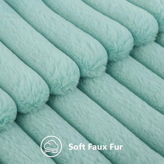 decorUhome Summer Cozy Faux Fur Throw Pillow Covers 22x22 Set of 2 Decorative Soft Plush Striped Modern Farmhouse Boho Couch Euro Sham Pillow Cases with Velvet Back for Sofa Bed Living Room, Aqua