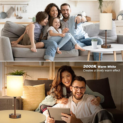Dicoool Small Bedside Table lamp for Bedroom - 3 Color Temperatures Brown Bedside Lamps with USB C and A Ports, Pull Chain Table Lamps with AC Outlet, Black Nightstand Lamps for Kids Reading Study