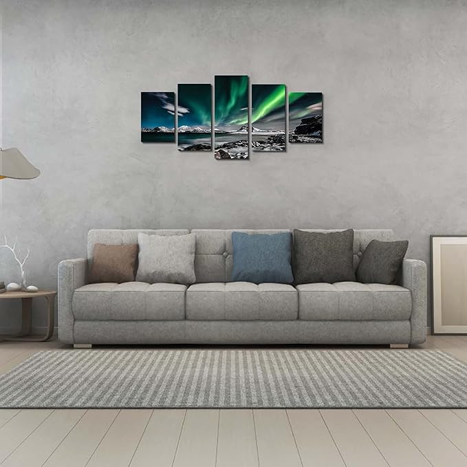 EPHANY Green Sky Night Painting - 5 Pieces Wall Art Art - Aurora Scenery Painting on Canvas Landscape Stretched and Framed Canvas Paintings Ready to Hang for Home Decorations Wall Decor