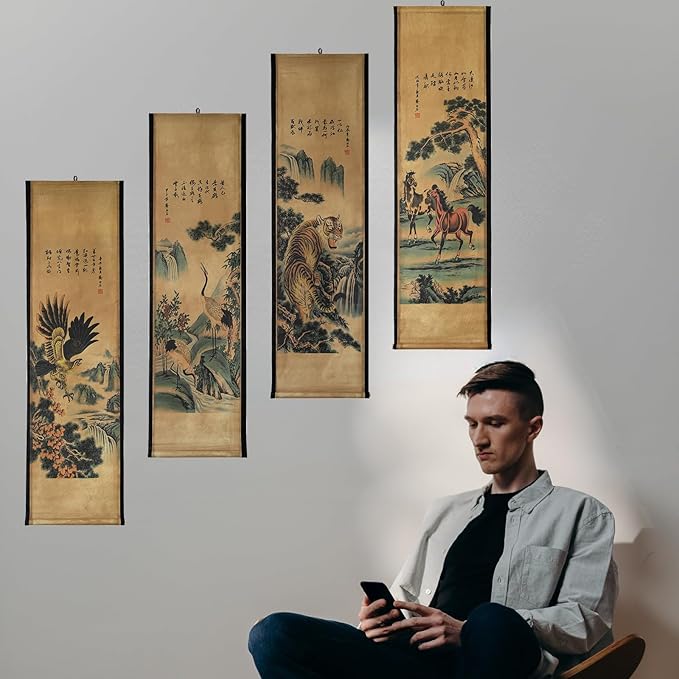 CIFIBIFUN Wall Asia Art Prints Posters Painting Eagle Crane Waterfall,4 Panels Paper Scroll,Home Walls Decor for Living Room Bedroom (Japan Painting)