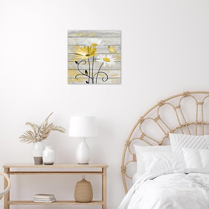 HVEST Farmhouse Yellow Floral Wall Art for Bathroom, Retro Daisy and Butterfly on Rustic Wood Canvas Wall Art Nature Flower Pictures for Living Room Bedroom Apartment Wall Decor,12L X 12W inches