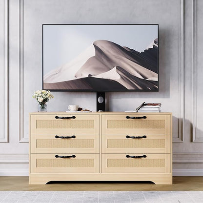 GarveeHome TV Stand with Mount, 47.2" Modern Entertainment Center 6-Drawer Rattan Dresser for 32-85 Inch TVs, Media Console Table with Storage for Living Room, Bedroom, Natural