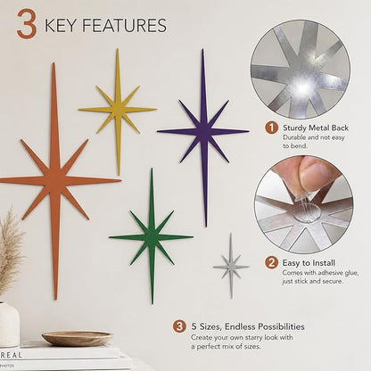 Merriva 5 Pack Colorful Metal Starburst Wall Decor, Mid Century Modern Retro Atomic Star Wall Art Sculptures, Whimsical Eclectic Home Decor for Living Room Bedroom and Playroom