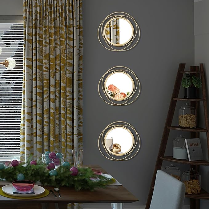 3 Set. Round Mirrors for Wall Decor Living Room Bedroom Bathroom Dining Room Metal Circle Mirror Set Boho Decorative Sunburst Wall Art Accent Entryway - Gold 9.5 in.