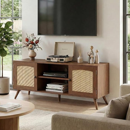 holzart Mid Century Modern Rattan TV Stand for 55/60 Inch TV - 53" Boho Media Console Table with Cane Doors & Open Shelves, Rustic Brown Entertainment Center for Living Room, Hallway, Entryway