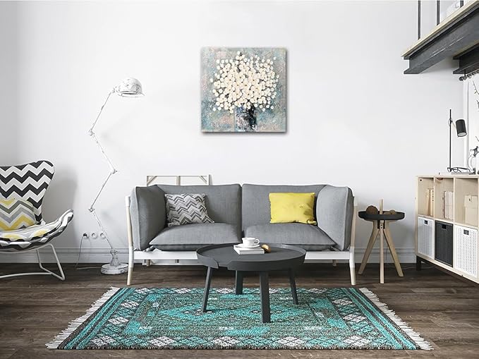 Waowumar Flowers Canvas Wall Art Blue and White Blossom Pictures Contemporary Palette Knife Floral Textured Painting for Bedroom Living Room Decor