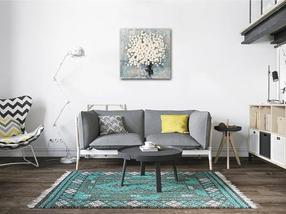Waowumar Flowers Canvas Wall Art Blue and White Blossom Pictures Contemporary Palette Knife Floral Textured Painting for Bedroom Living Room Decor