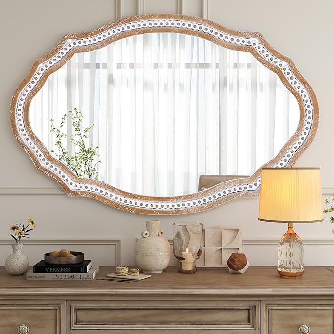 24x35 Inch Wooden Oval Mirror for Bathroom Over Sink, Rustic Farmhouse Decorative Mirrors for Wall, Entryway, Living Room, Bedroom (Vertical/Horizontal)
