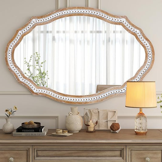 24x35 Inch Wooden Oval Mirror for Bathroom Over Sink, Rustic Farmhouse Decorative Mirrors for Wall, Entryway, Living Room, Bedroom (Vertical/Horizontal)