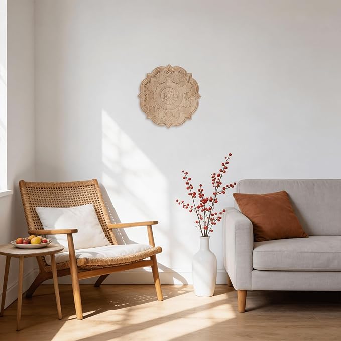 NAHARO Modern Hand Carved Wooden Wall Art – Round Wood Sculpture Decor, Boho Rustic Home Decor for Living Room, Bedroom, Entryway