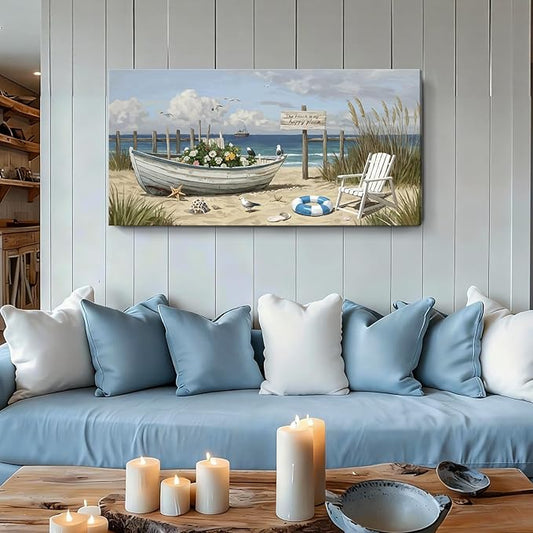 Large Seaside Wall Art, Modern Natural Canvas Wall Decor. Floral Coastal Boat Landscape Print Picture, Romantic Coastal Artwork For Living Room, Bedroom, Bathroom, Kitchen, And Study. 48X24 Inches.
