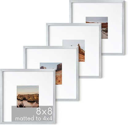 HAUS AND HUES 8x8 Silver Metal Picture Frames Matted to 4x4 - Premium Aluminum with Hanging Hardware, Shatterproof Plexiglass - Ideal for Home or Office (8x8 in, Silver, Set of 4)