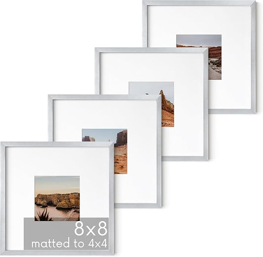 HAUS AND HUES 8x8 Silver Metal Picture Frames Matted to 4x4 - Premium Aluminum with Hanging Hardware, Shatterproof Plexiglass - Ideal for Home or Office (8x8 in, Silver, Set of 4)