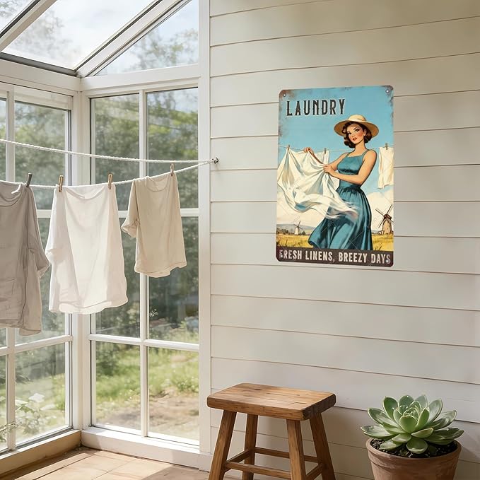 Laundry Vintage Tin Sign Funny Sarcastic Fresh Linens Breezy Days Retro Housewife Design Vintage 1950s Mom 16x12 Inch