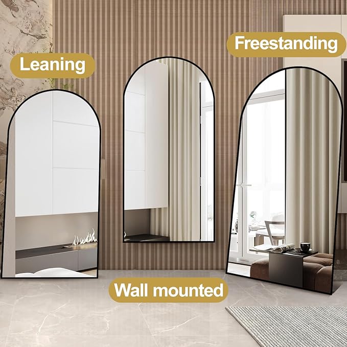 Prywot Arched Full Length Mirror, 70"x26" Free Standing Floor Mirror, Modern Full Body Mirrors with Stand, Wall Mirrors with Aluminum Alloy Frame for Bedroom,Living Room, Black