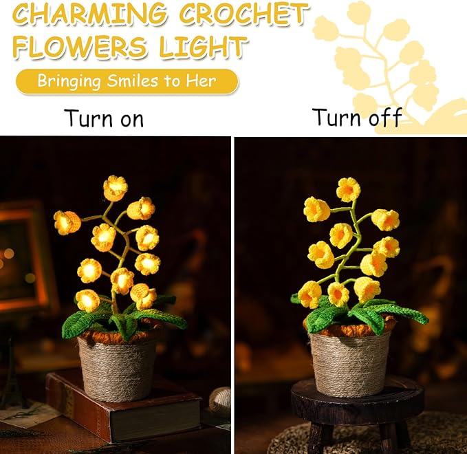 Lily of The Valley Lamp, Yellow Crochet Artificial Flowers with Night Lights, Cordless Table Lamp -Birthday Gifts for Women,Cozy Home Decor Mothers Day Gifts