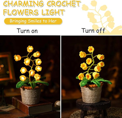 Lily of The Valley Lamp, Yellow Crochet Artificial Flowers with Night Lights, Cordless Table Lamp -Birthday Gifts for Women,Cozy Home Decor Mothers Day Gifts