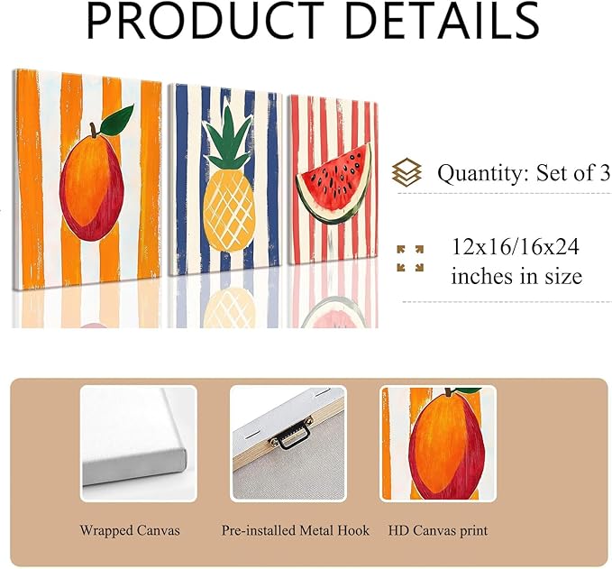 LHHJDIO 3 Piece Trendy Fruit Canvas Wall Art Vintage Kitchen Wall Art Colorful Mango Pineapple Watermelon Pictures Wall Decor Fruit Abstract Art Print for Kitchen Dining Room Living Room 16"x24"
