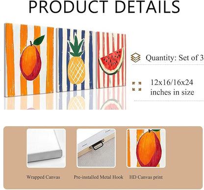 LHHJDIO 3 Piece Trendy Fruit Canvas Wall Art Vintage Kitchen Wall Art Colorful Mango Pineapple Watermelon Pictures Wall Decor Fruit Abstract Art Print for Kitchen Dining Room Living Room 16"x24"