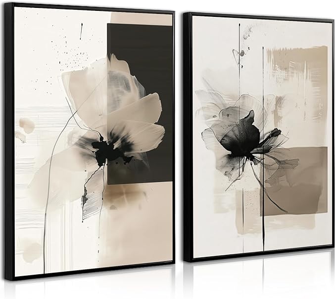 Tocliky Modern Abstract Floral Wall Art Minimalist Neutral Canvas Painting Decor Beige Cream And Black Wall Art Contemporary Flower Picture Prints for Living Room Bedroom 24x36 Inch Unframed Set of 2