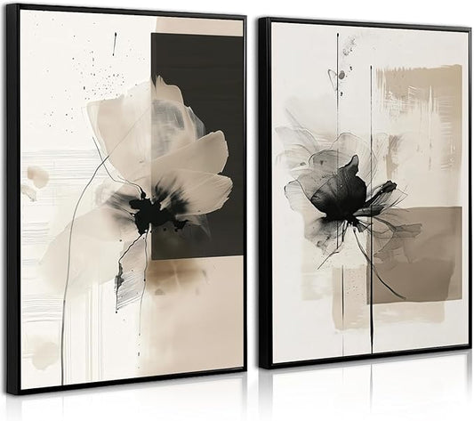 Modern Abstract Floral Wall Art Minimalist Neutral Canvas Painting Decor Beige Cream And Black Wall Art Contemporary Flower Picture Prints for Living Room Bedroom 16x24 Inch Unframed Set of 2