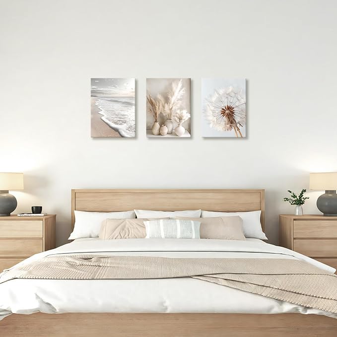 3 Pcs Beach Coastal Sunset Wall Art for Living Room, Modern Beige Dandelion Reeds Botanical Wall Pictures Aesthetic Nature Landscape Wall Painting Art Prints for Bedroom Office Home Decor 12"x16"x3Pcs