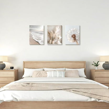 3 Pcs Beach Coastal Sunset Wall Art for Living Room, Modern Beige Dandelion Reeds Botanical Wall Pictures Aesthetic Nature Landscape Wall Painting Art Prints for Bedroom Office Home Decor 12"x16"x3Pcs