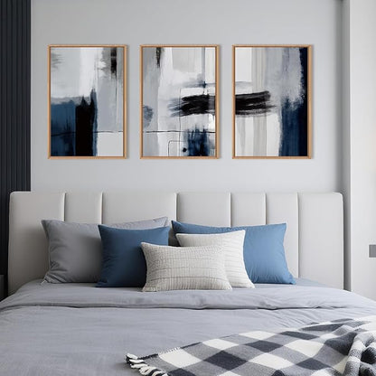 DRACIT Large Abstract Navy Blue Color Block Framed Canvas Print Wall Art Set,Gray White Modern Neutral Brush Strokes Wall Decor,Minimalist Blue Toned Geometric Line Artwork for Living Room,Bedroom-16"x24"x3