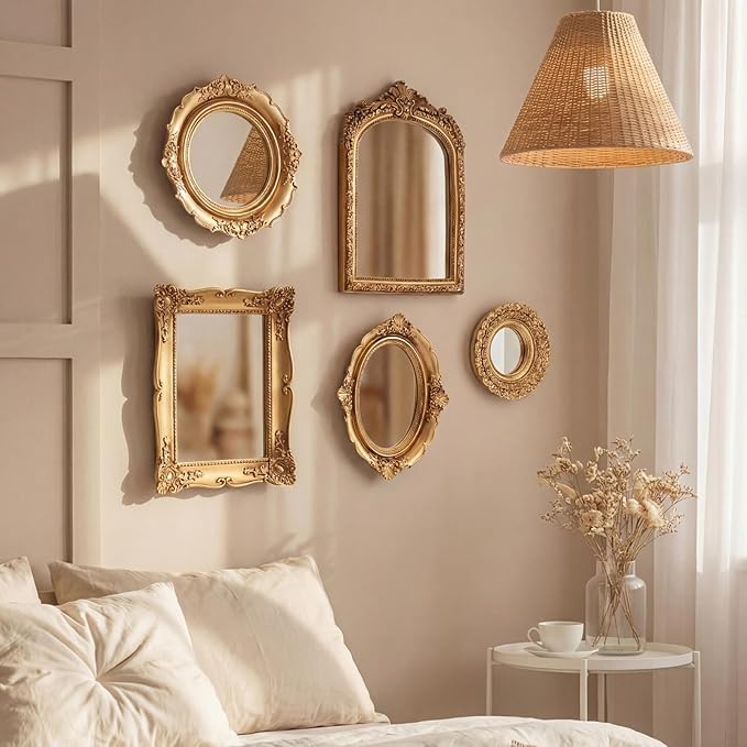 5 Pcs Vintage Gold Mirror Luxury Set Small Gold Mirrors Vintage Gallery Wall Mirror Hanging Antique Art Decor for Wall Living Room Entryway Assorted Sizes (Stylish Style,10in/8in/7in/4in)