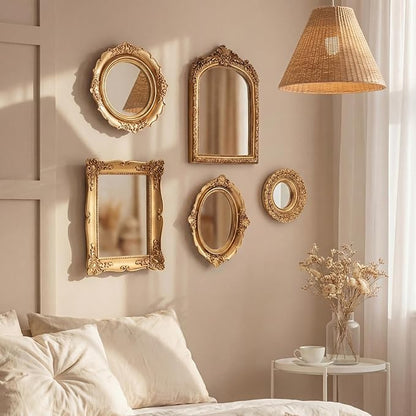 5 Pcs Vintage Gold Mirror Luxury Set Small Gold Mirrors Vintage Gallery Wall Mirror Hanging Antique Art Decor for Wall Living Room Entryway Assorted Sizes (Stylish Style,10in/8in/7in/4in)