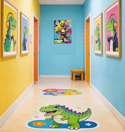 12x16 Inch Graffiti DJ Dinosaur Canvas Wall Art Prints, Colorful Music T-Rex with Turntable & Sunglasses Pop Decor, Vibrant Street Wall Photo for Teen Boy Game/Living Room, Funny Kids Bedroom Poster