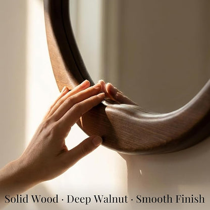 Dark Walnut Round Wall Mirror 24 Inch, Solid Wood Framed Mirror with Asymmetrical Wavy Inner Edge for Entryway, Organic Decor for Hallway & Bathroom
