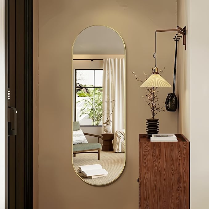 Oval Full Length Mirror, 55"×18" Wall-Mounted Mirror with Gold Frame in Shiny Gold, Ultra-Clear Explosion-Proof Dressing Mirror, Simple & Classic Deco for Cloakroom/Bedroom/Living Room