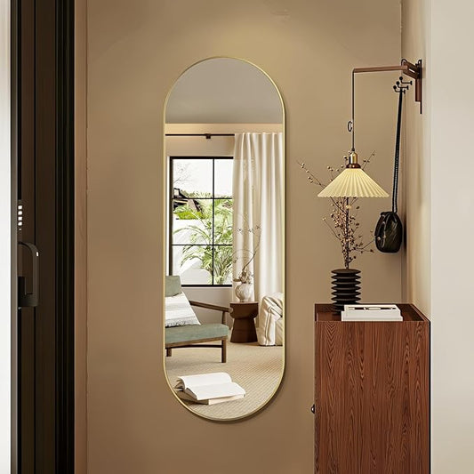 Oval Full Length Mirror, 55"×18" Wall-Mounted Mirror with Gold Frame in Shiny Gold, Ultra-Clear Explosion-Proof Dressing Mirror, Simple & Classic Deco for Cloakroom/Bedroom/Living Room