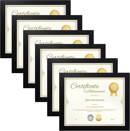 8.5x11 Certificate Document Picture Frame Set of 6, Black Diploma Frames for Wall or Tabletop