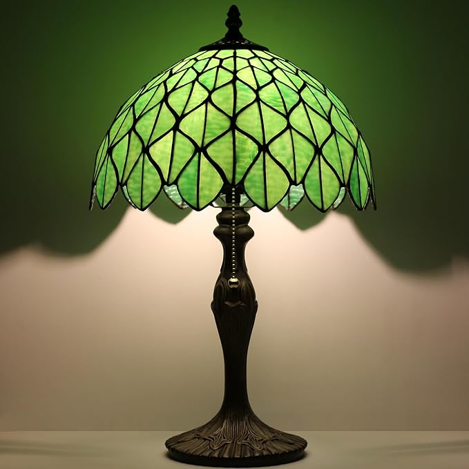 Tiffany Lamp Stained Glass Table Lamp 12 x 19” Green Maple Leaf Style Decorative Lamp Bedside Reading Light for Desk Living Room Bedroom Office Study Light Home Decor Gift