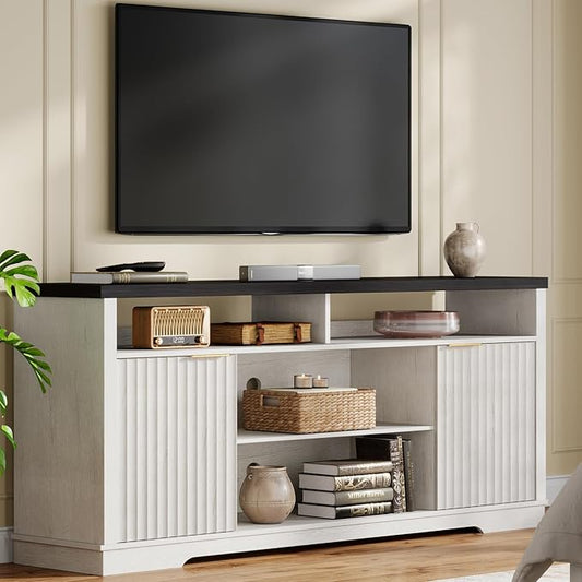 Modern TV Stand for TVs Up to 65 Inch, Fluted Entertainment Center with Storage Cabinet, TV Media Console Table with Adjustable Shelves for Living Room Bedroom, Black + White