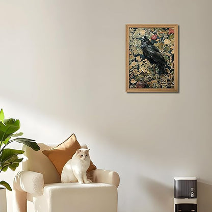 AKWISH Framed 3D Textured Vintage Wall Art - Dark Academia Decor Hand Drawn Sandstone Black Crow Paintings with Botanical Florals, Aesthetic Wall Decor for Living Room Bedroom Home 12x16 inch