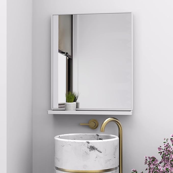 Bathroom Mirror with Shelf, White Rectangle Wall Mirror Metal Frame, Hanging Horizontal or Vertical (24'' X 20'')